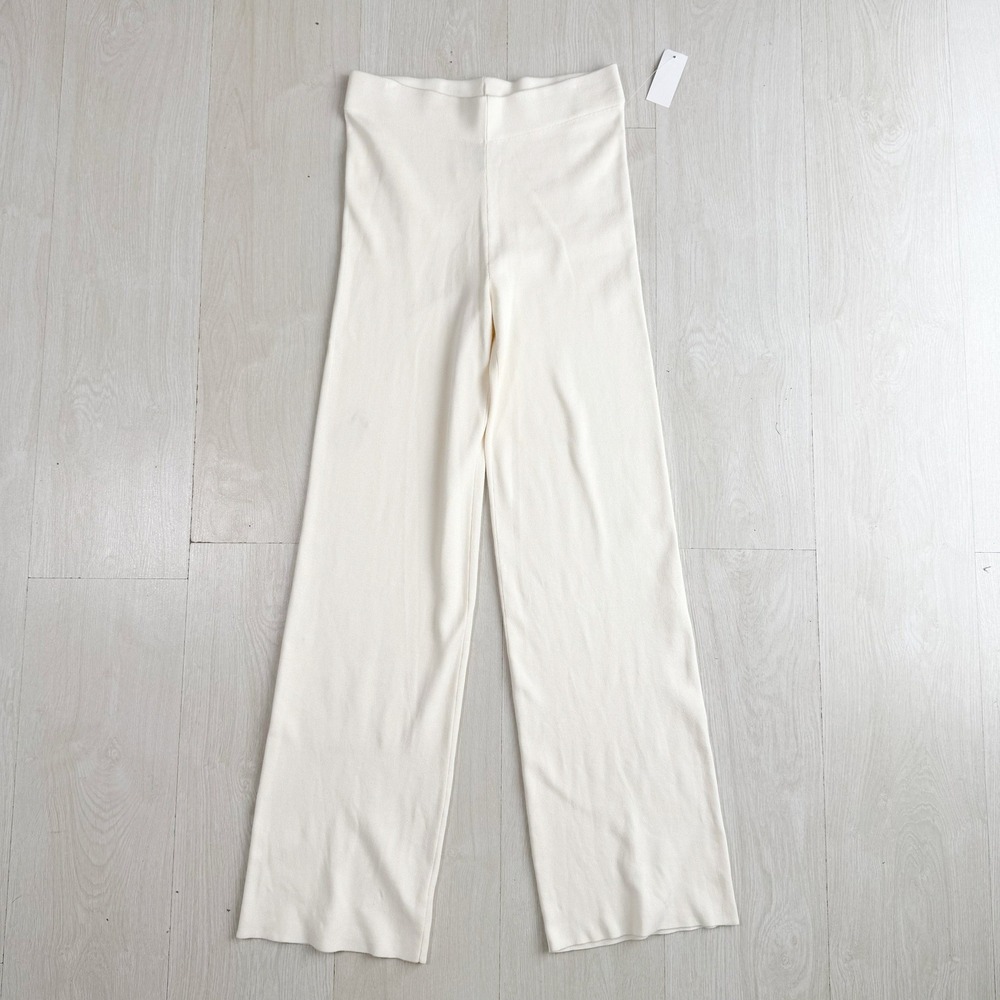 Pink Rose Wide‎ Leg Pants Womens Small Blizzard White Ribbed Knit High Rise NEW